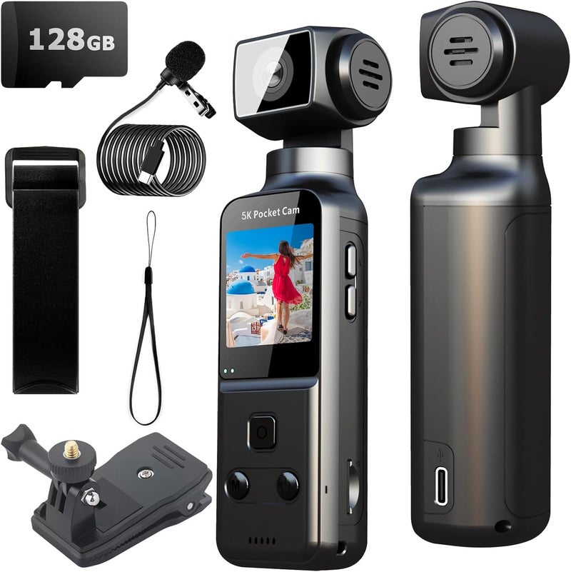 YONDENE Body Camera 5K with External Microphone, Video & Audio Mini Vlog Camera with 270° Rotated Lens, Pocket Cam for Sport, Outdoor, Riding, Travel, 128GB Included - Image 1